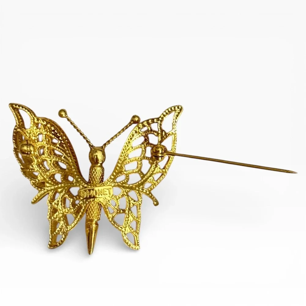 Monet Signed Gold‎ Tone Butterfly Brooch Filigree Vintage